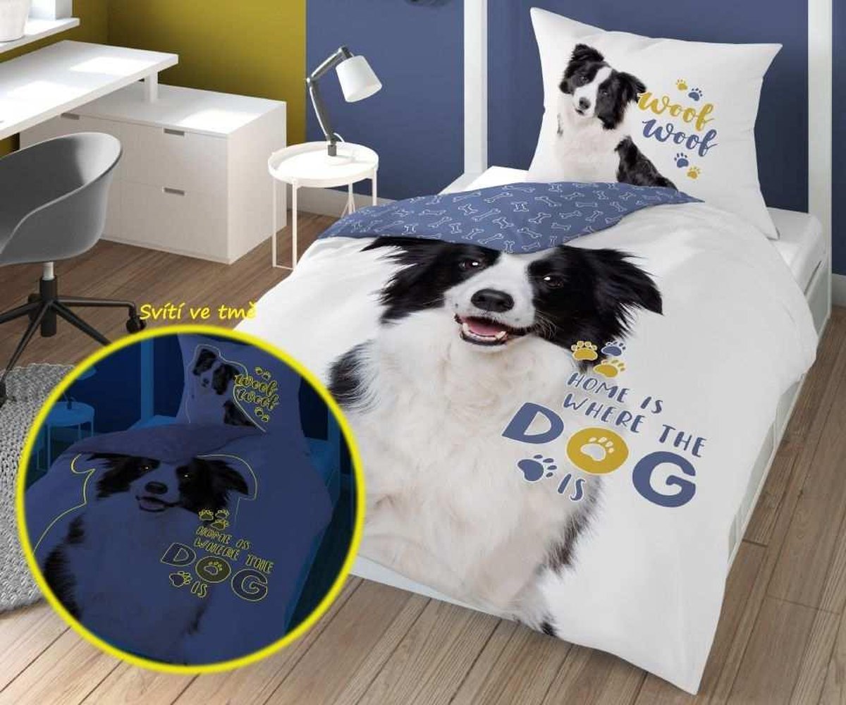 Border Collie Hond Dekbedovertrek 140x200 Duurzaam Katoen 2in1 GLOW in the DARK