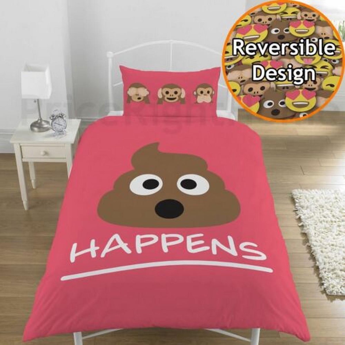 Eenpersoons Dekbedovertrek Emoji 'Sh*t happens' Drol Smiley 135x200