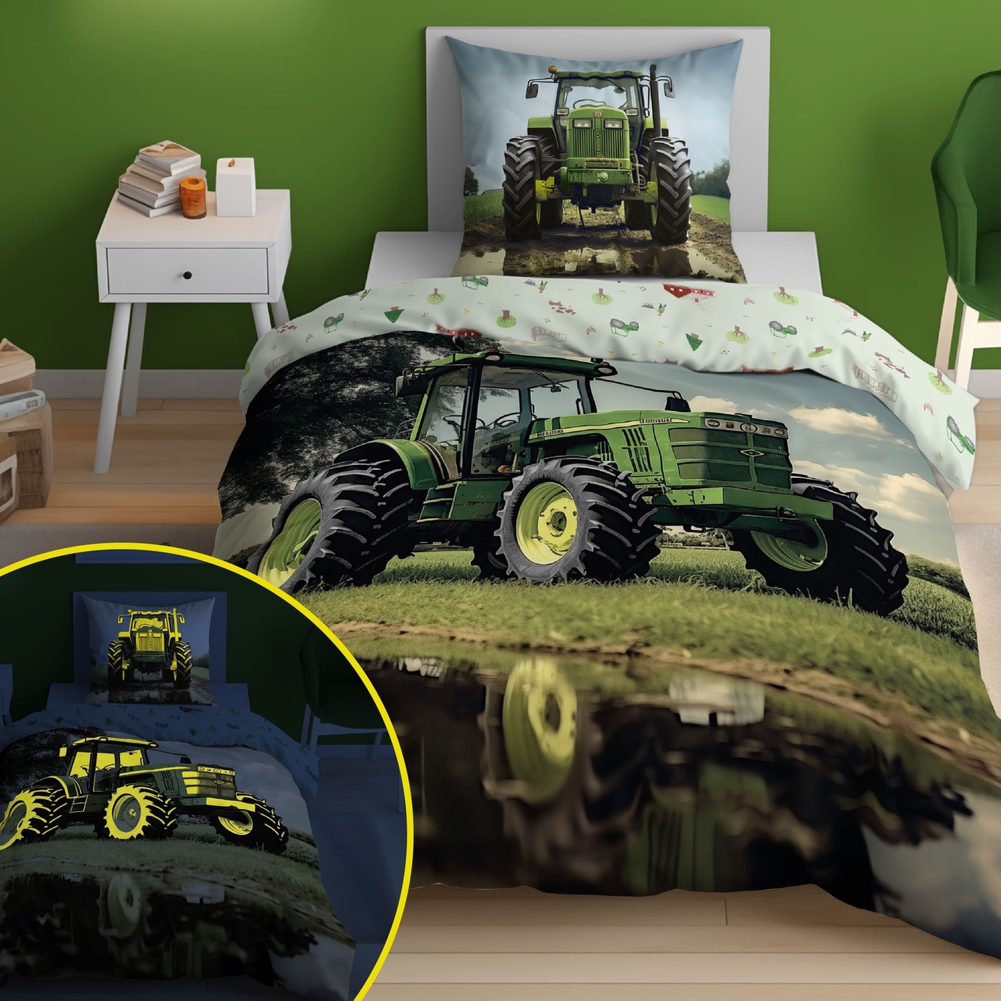 Tractor Dekbedovertrek Traktor 140x200 Katoen2in1 Glow in the Dark
