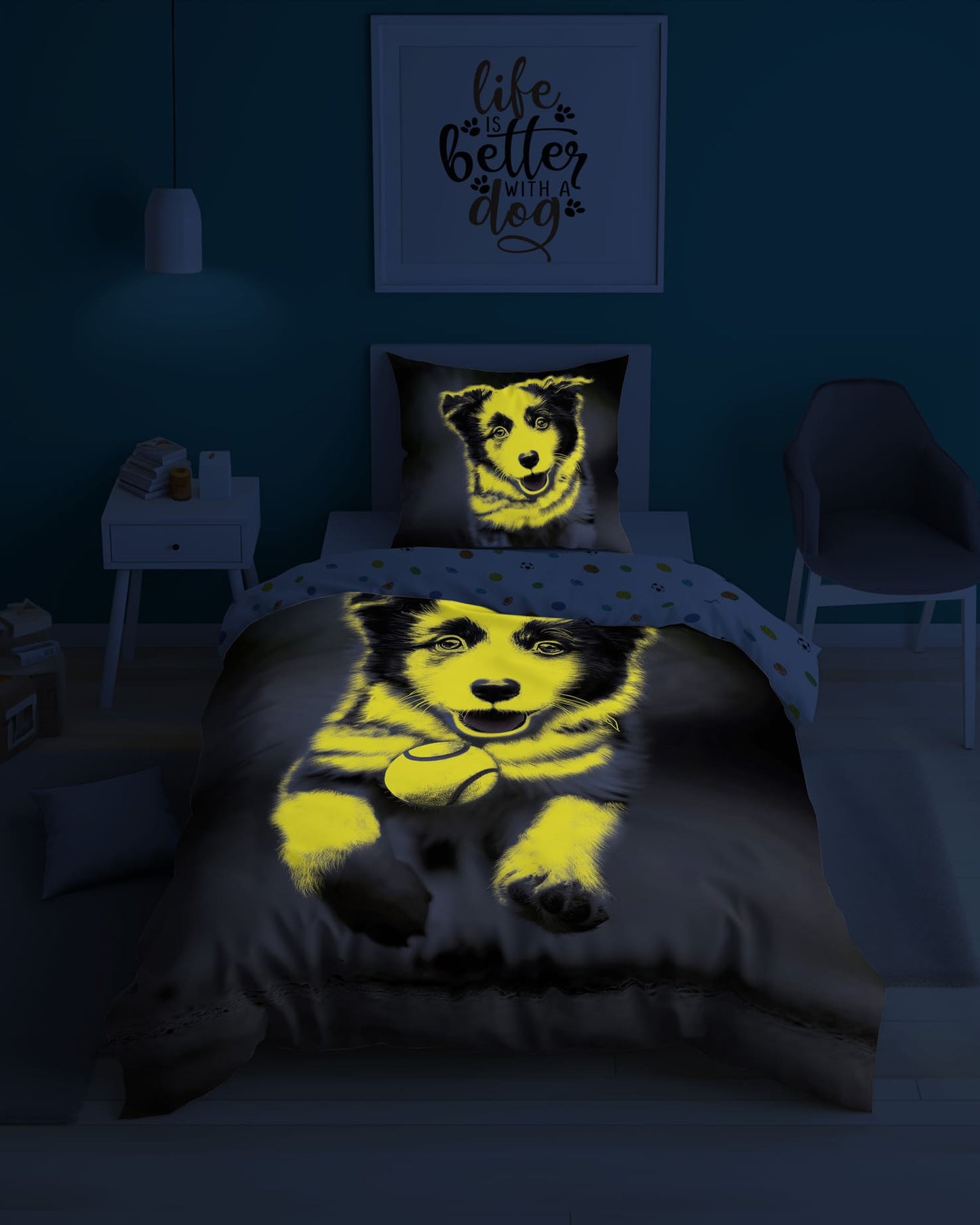 Hond dekbedovertrek 140x200 Duurzaam Puppy Glow in the Dark 2in1