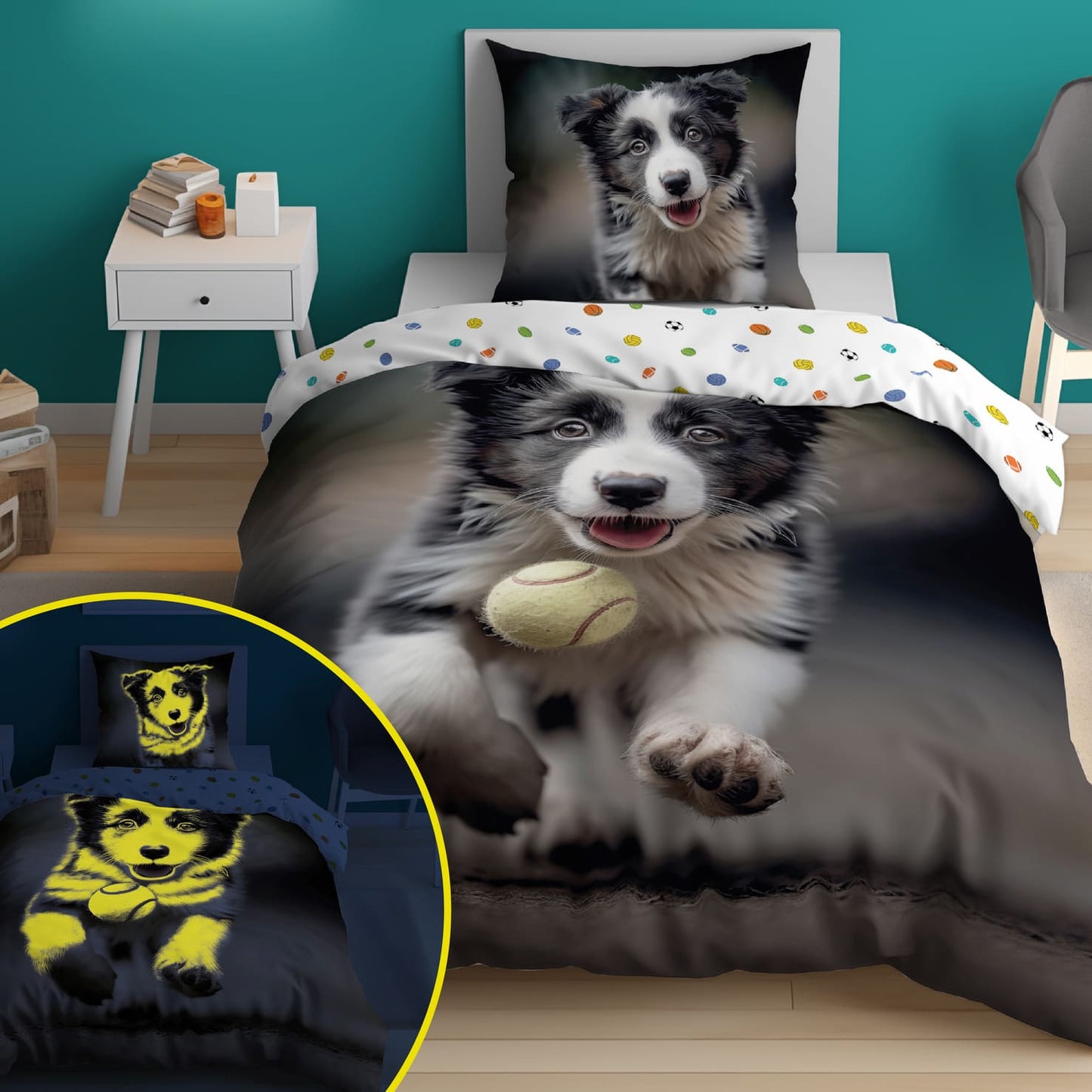 Hond dekbedovertrek 140x200 Duurzaam Puppy Glow in the Dark 2in1