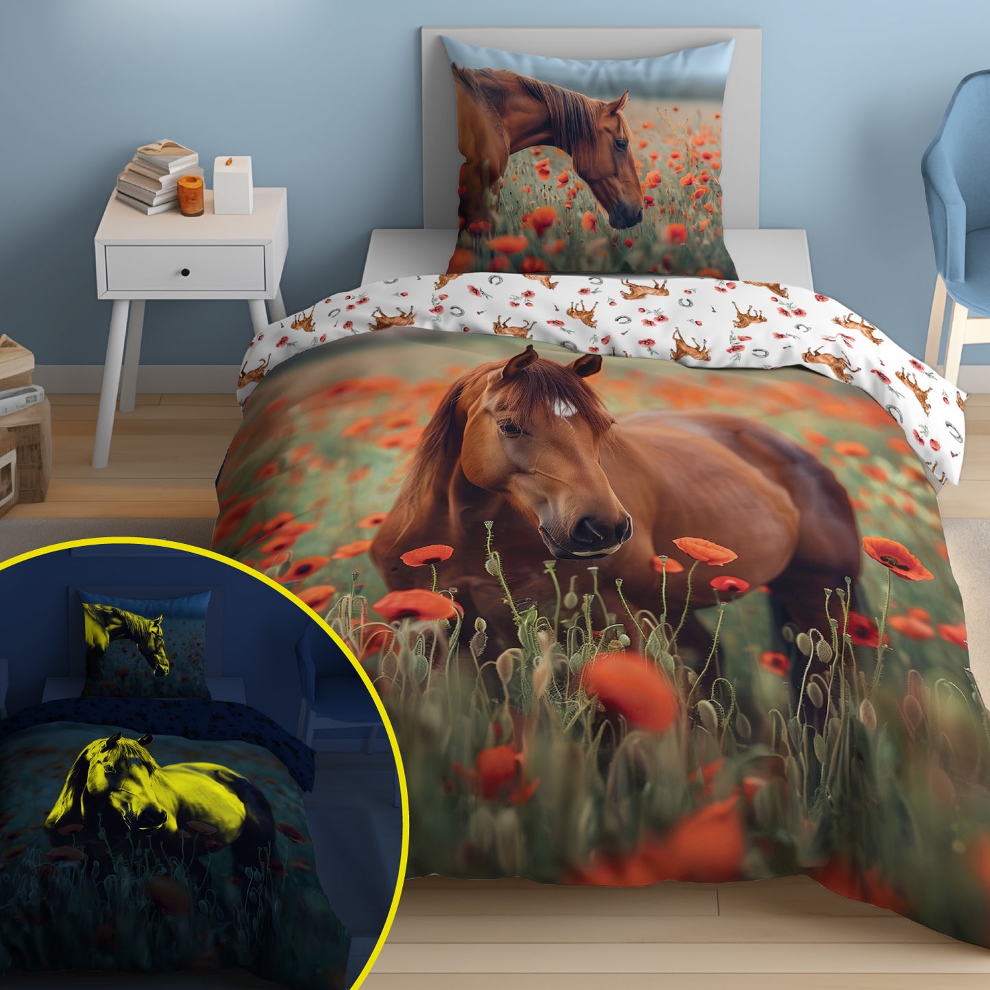 Paard Dekbedovertrek 140x200 Katoen GLOW in the DARK 2in1