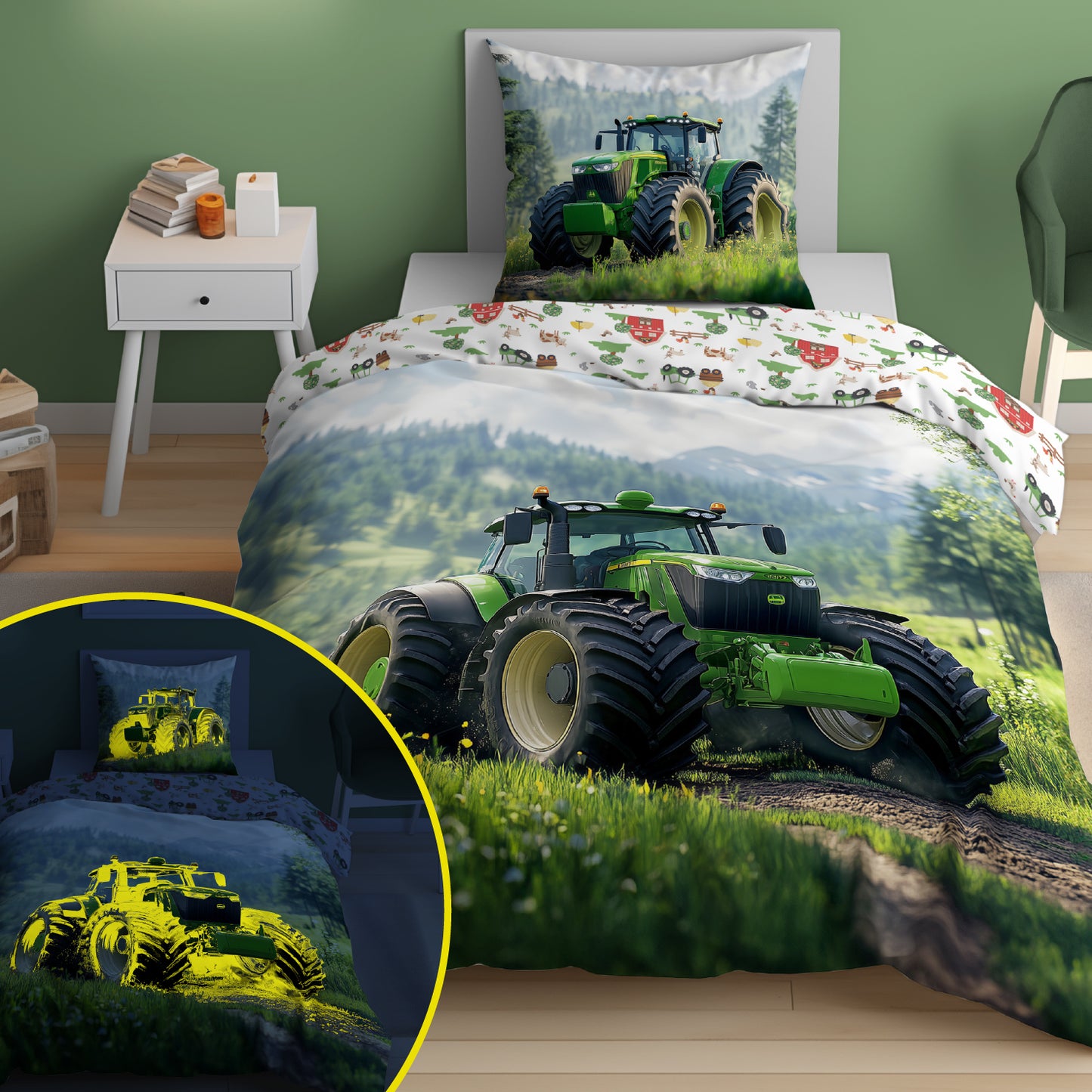Tractor Dekbedovertrek Traktor 140x200 Katoen 2in1 Glow in the Dark