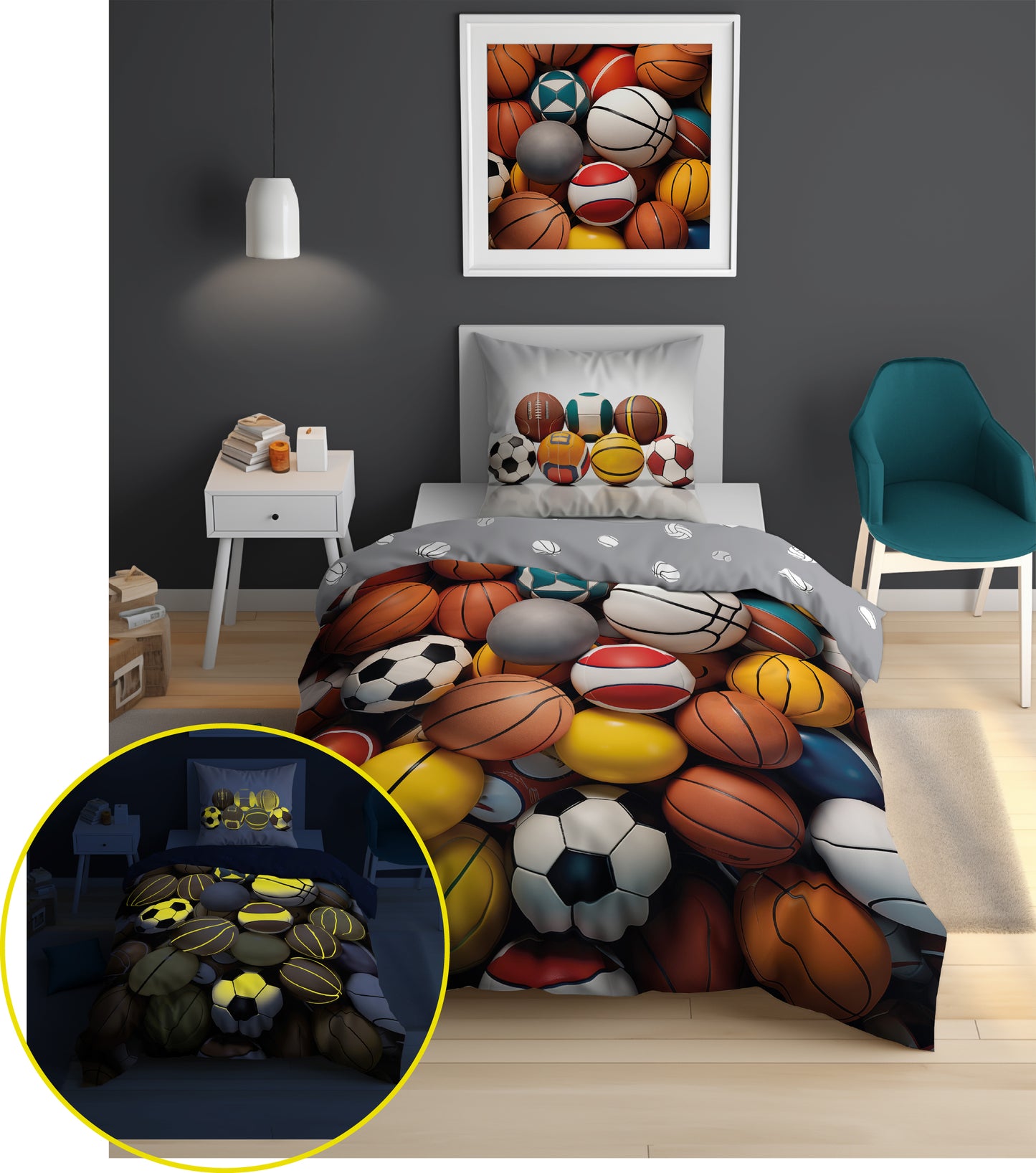 Basketball Dekbedovertrek 140x200 Polyester 2in1 GLOW IN THE DARK
