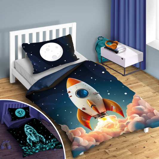 Rocket Dekbedovertrek Ruimtevaart 140x200 2in1 Katoen Duurzaam GLOW in the Dark