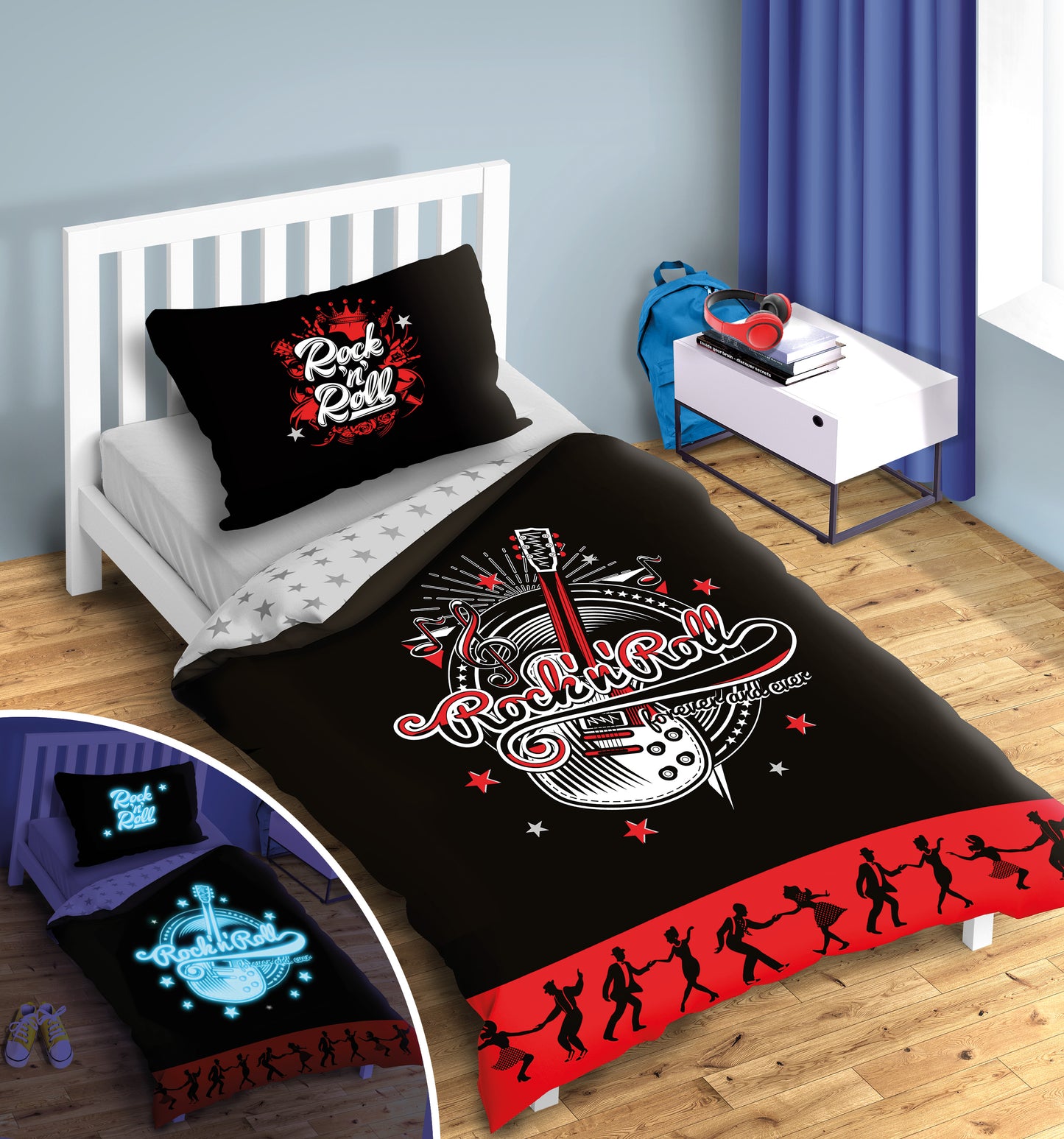 Rock 'n Roll Dekbedovertrek 140x200 Duurzaam Katoen 2in1 GLOW in the Dark