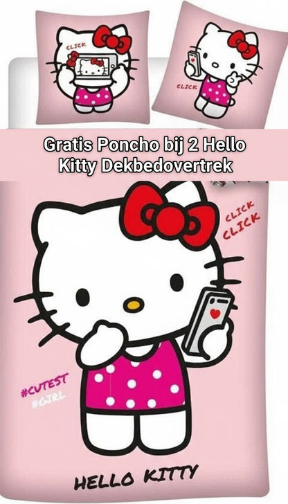 Hello Kitty Dekbedovertrek 140x200 Polykatoen 2in1 GRATIS PONCHO bij 2 DEKBEDOVERTREK HK