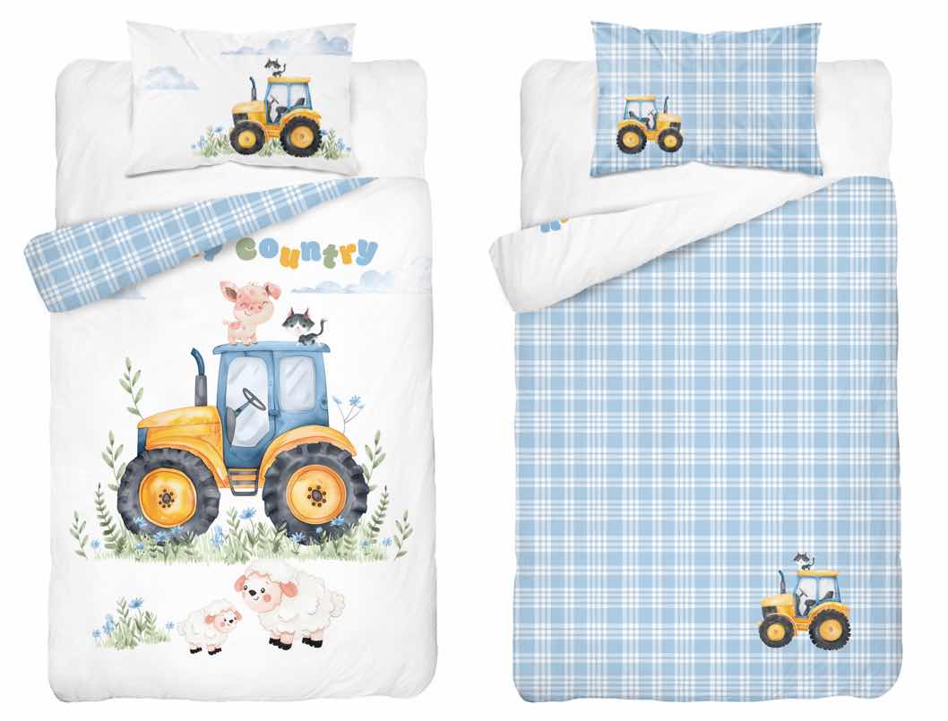 Farm Boerderij Traktor Dekbedovertrek 100x135 Katoen Duurzaam 2in1 Tractor Junior Peuter Ledikant