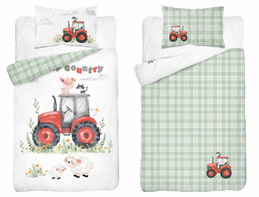 Farm Boerderij Traktor Dekbedovertrek 100x135 Katoen Duurzaam 2in1 Tractor Junior Peuter Ledikant