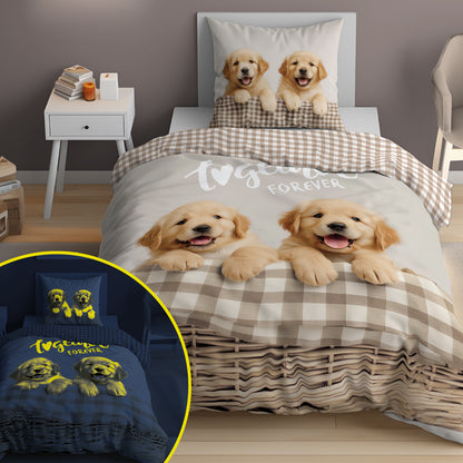 Golden Retriever Puppy Hond Dekbedovertrek 140x200 Katoen 2in1 GLOW in the DARK (Copy)