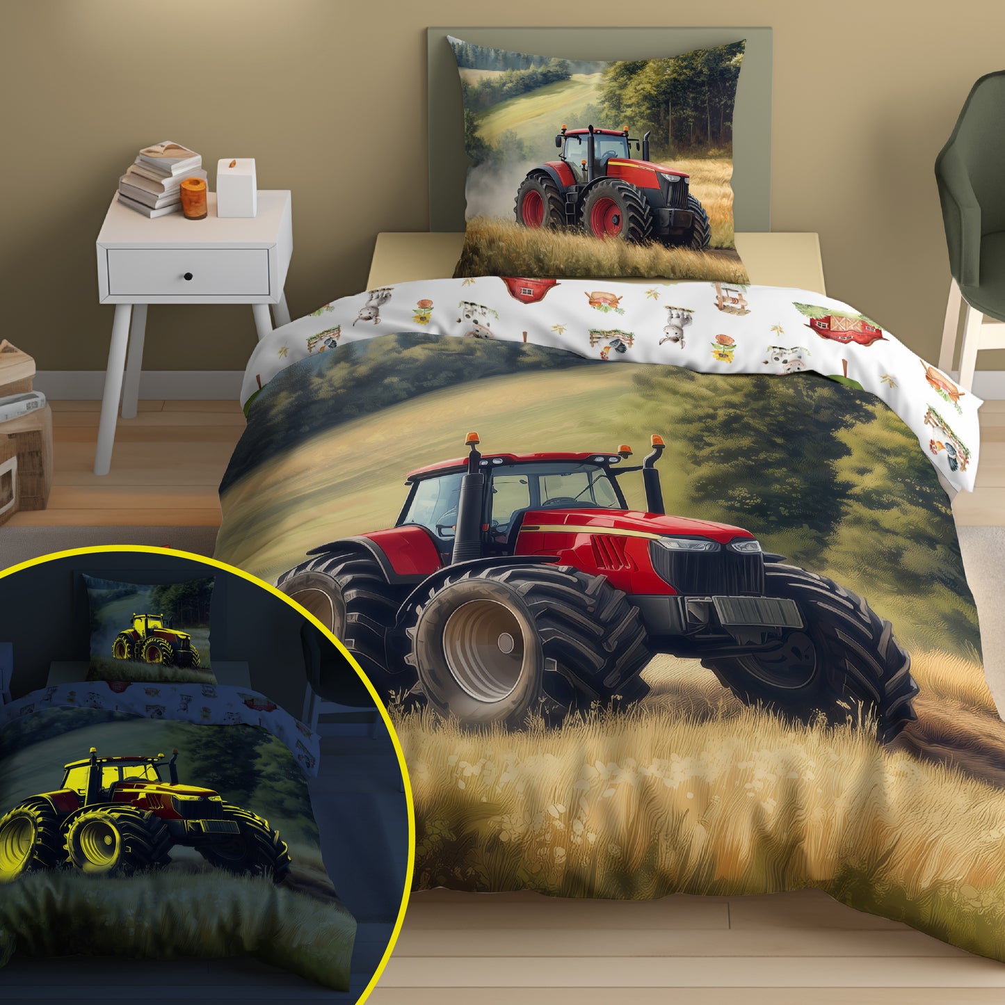 Tractor Dekbedovertrek Traktor 140x200 Katoen 2in1 Glow in the Dark
