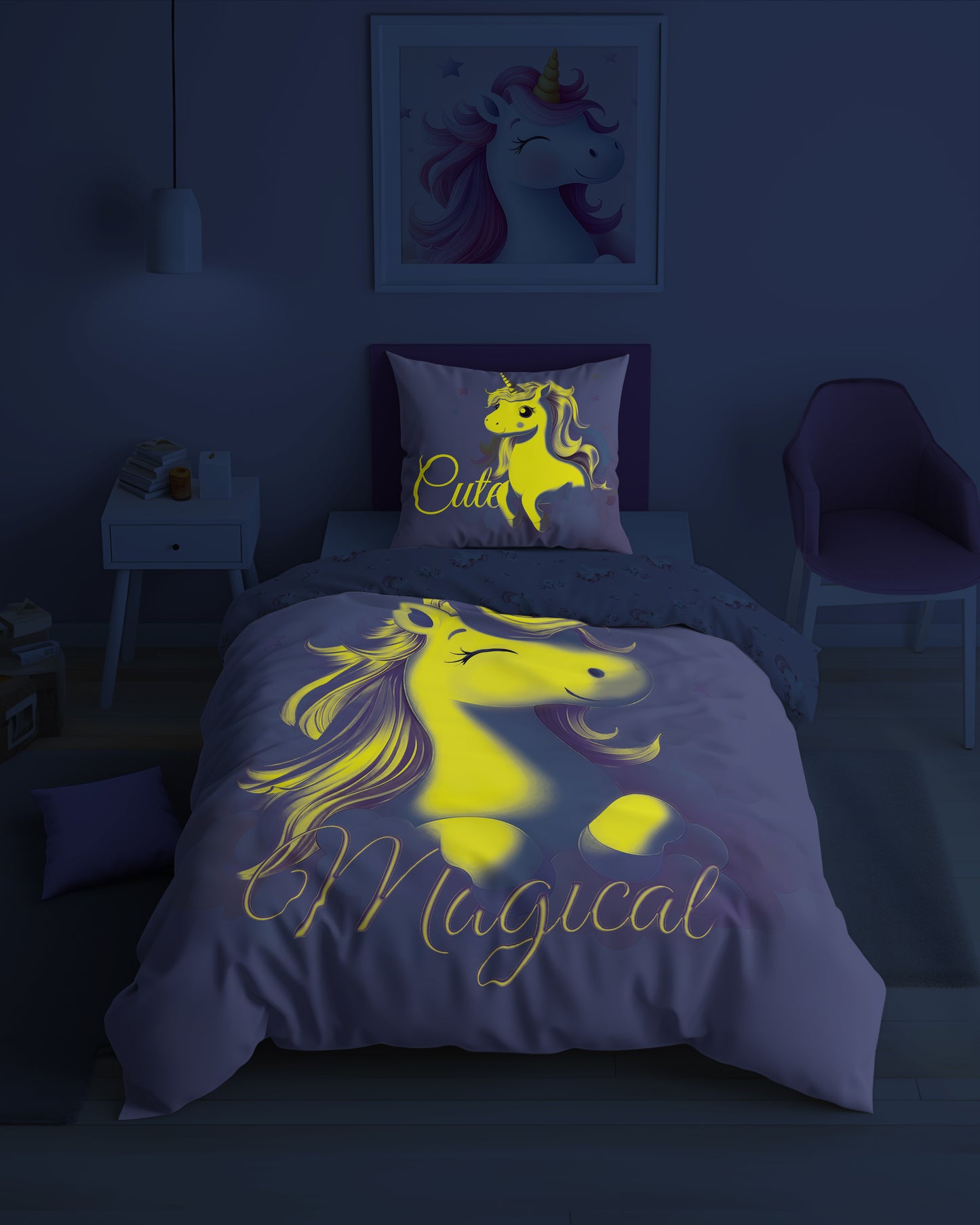 Unicorn Eenhoorn Dekbedovertrek 140x200 Glow in the Dark 2in1 Katoen