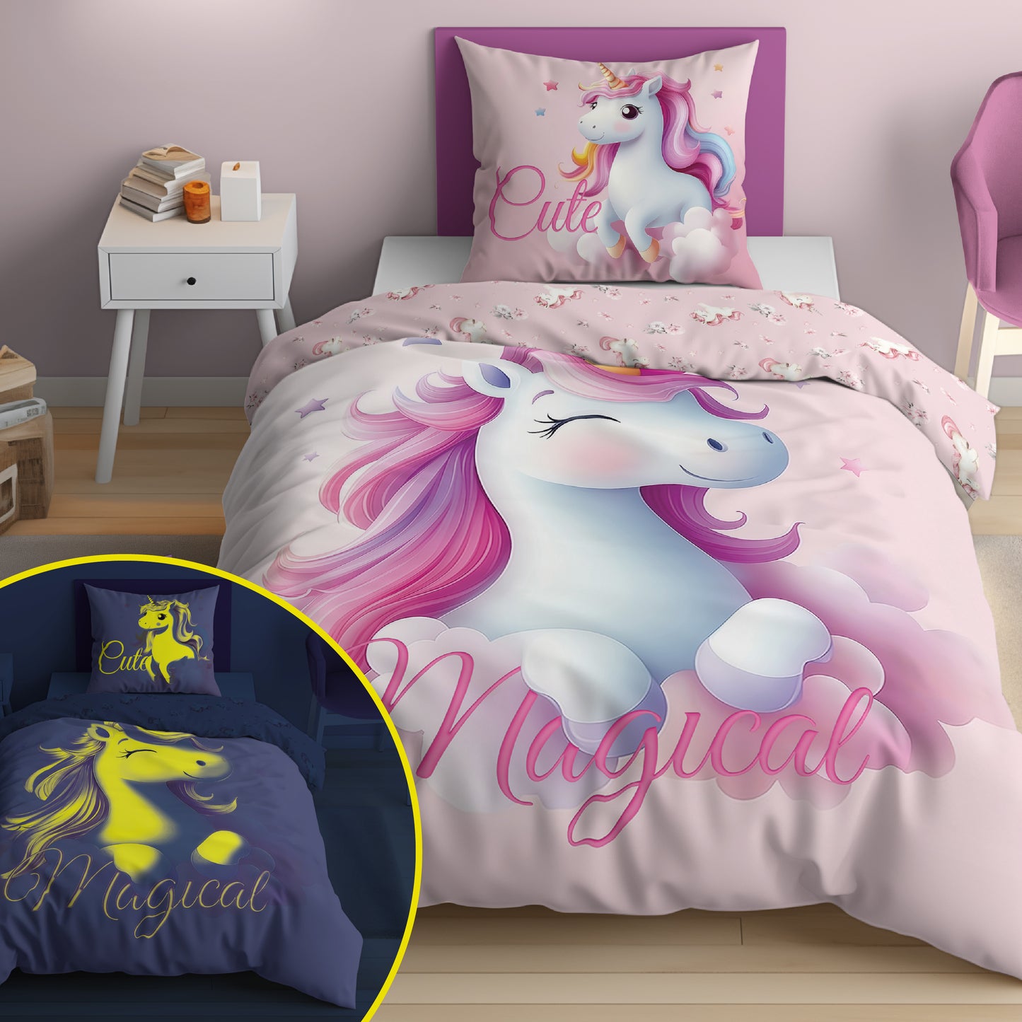 Unicorn Eenhoorn Dekbedovertrek 140x200 Glow in the Dark 2in1 Katoen
