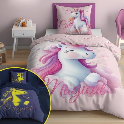 Unicorn Eenhoorn Dekbedovertrek 140x200 Glow in the Dark 2in1 Katoen