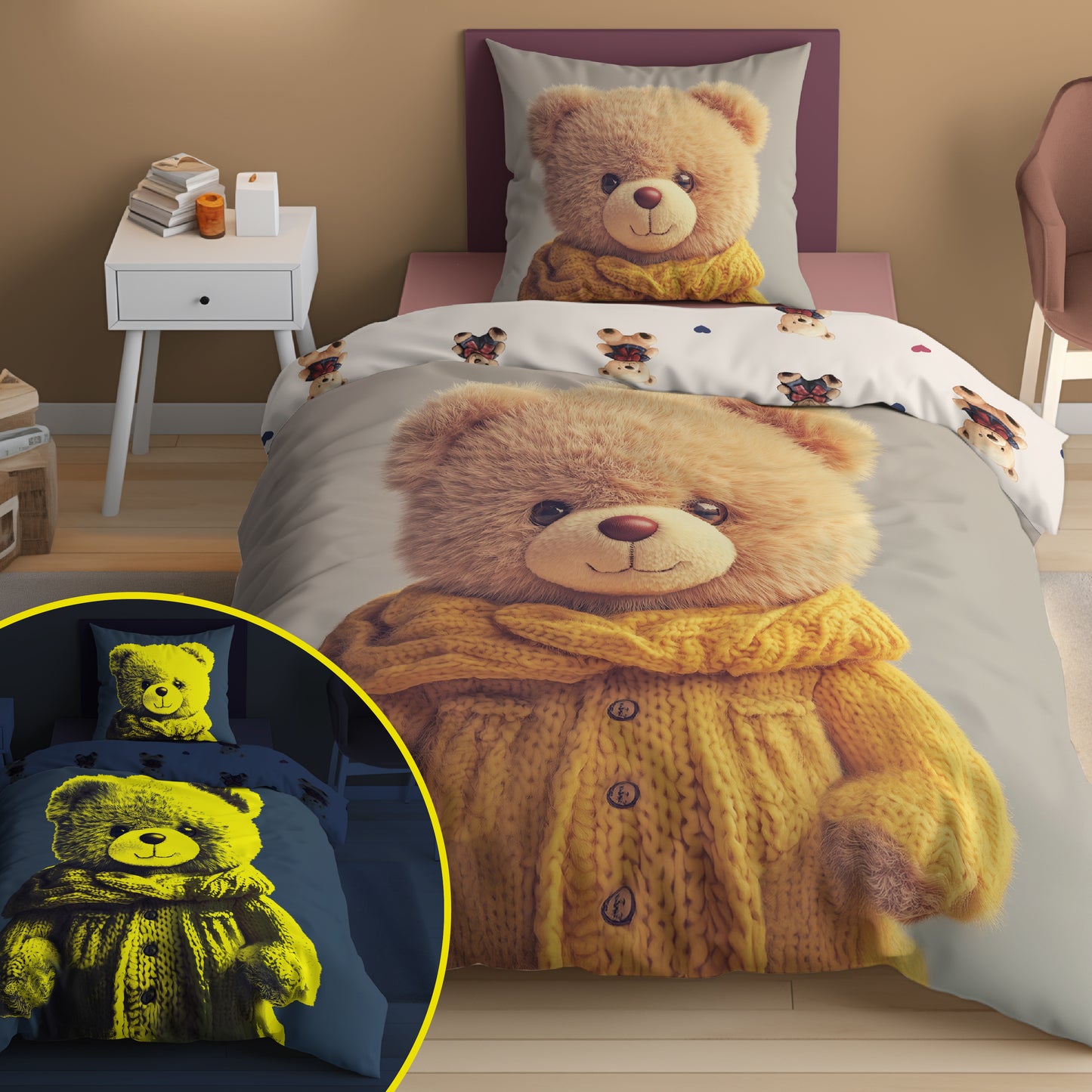 Teddy Bear dekbedovertrek 140x200 Duurzaam Glow in the Dark 2in1