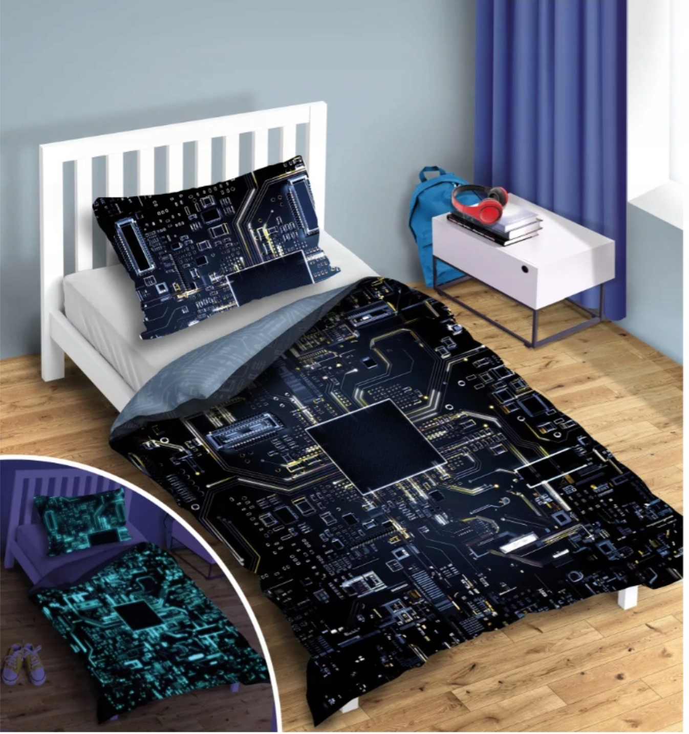 Dekbedovertrek 140x200 Glow in the Dark Printplaat Microchip Motief Kussensloop 70x90